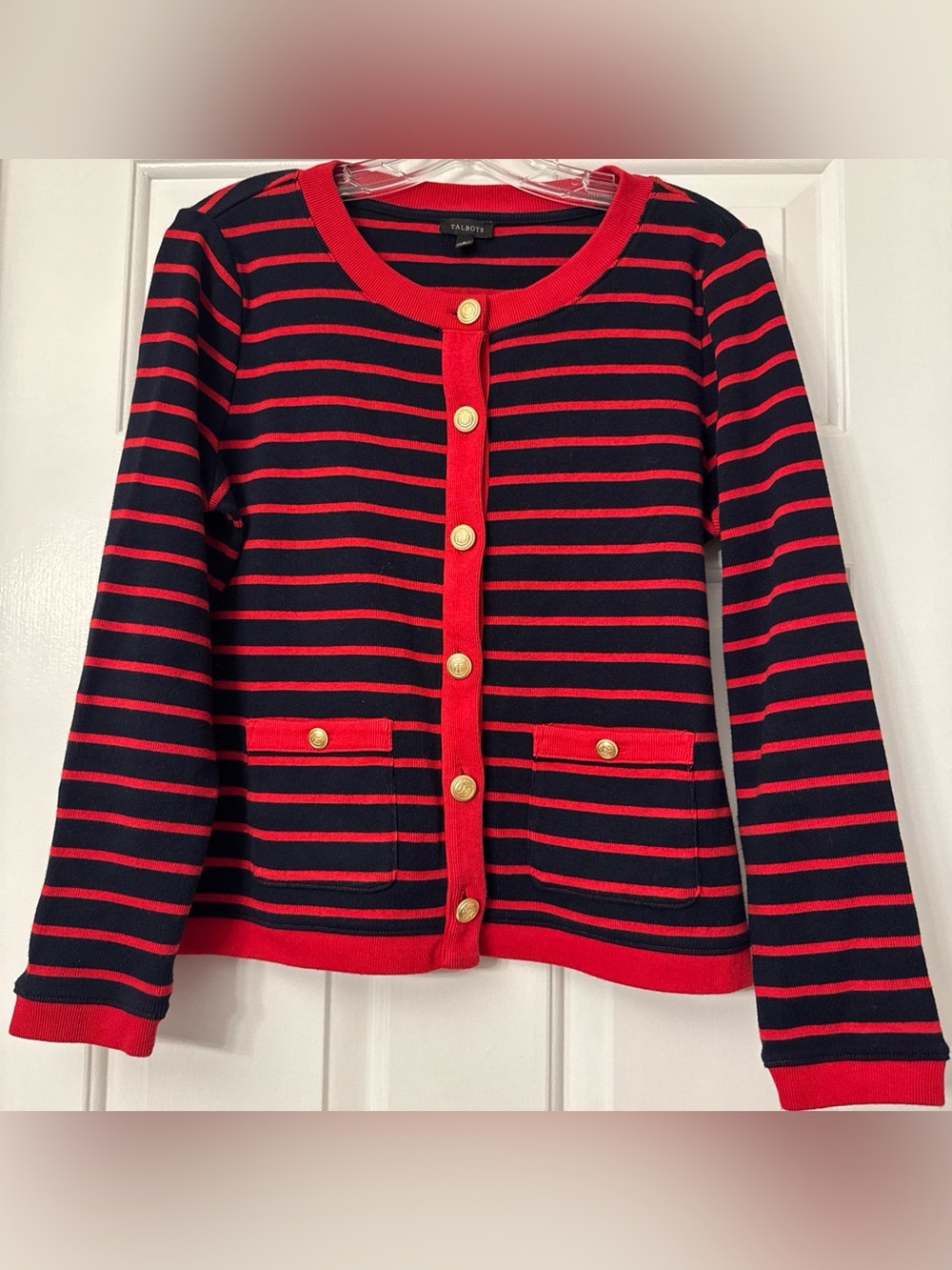 Talbots Patch Pocket Cardigan Red/Navy Stripes Gold Buttons Nautical Preppy Sz M